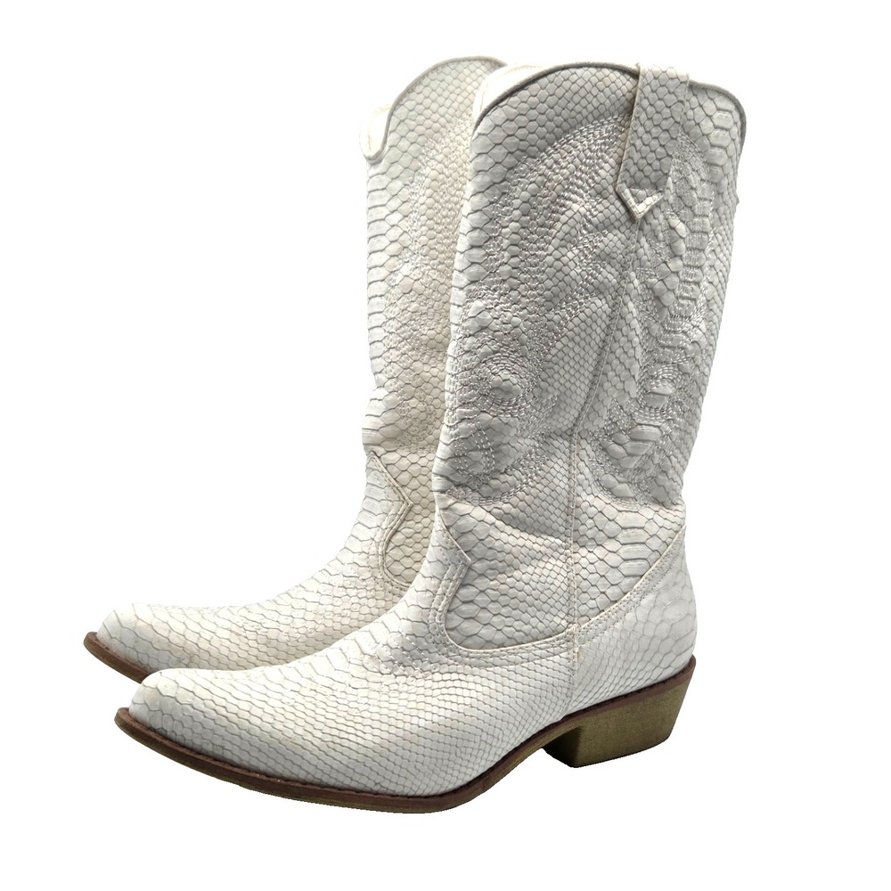 Women's White Cowboy Boots Snakeskin Embossed Gaucho Western Manmade Size 8.5M
